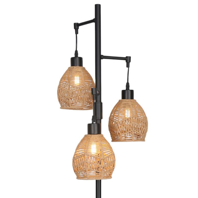 3-Light Woven Rattan Globe Tree Tall Floor Lamp