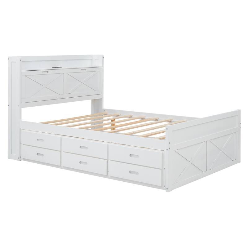 Full Size Wooden Storage Bed with Headboard Outlets, Extendable Trundle and Three Drawers, White