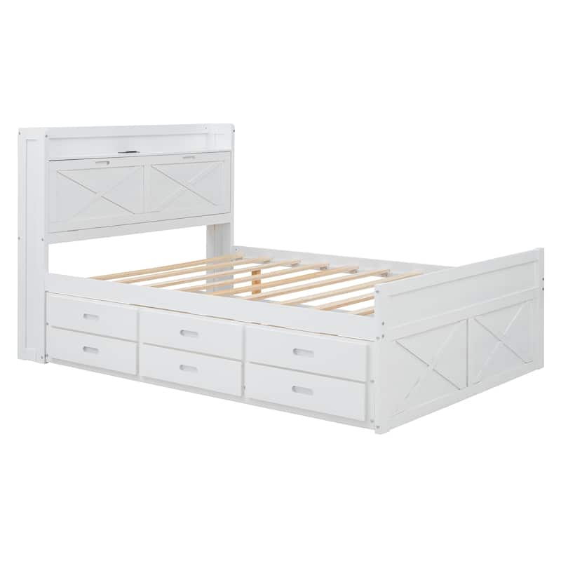 White Full Size Extendable Wooden Platform Bed with Storage Headboard, Three Drawers, and Trundle