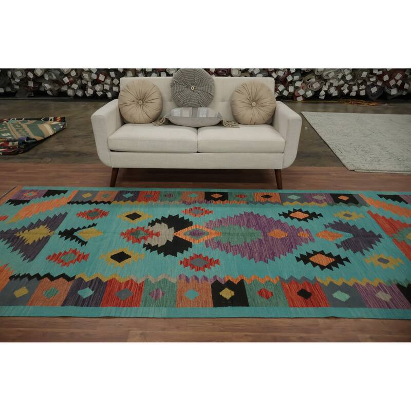 Hand Woven Oriental 100% Wool Carpet Southwestern Modern Navy Blue & Blues Kilim Area Rug - 11' 6'' X 4' 10''
