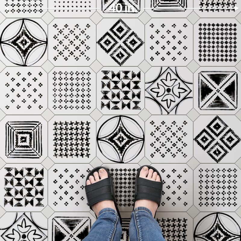 Merola Tile Vaudeville Octagon Deco Sombra 7-7/8" x 7-7/8" Porcelain Floor and Wall Tile
