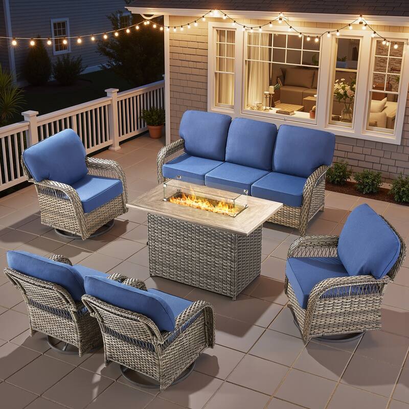 Pocassy Patio Sofa Ottoman Swivel Chair Table with Fire Table Funiture Set. - Gray Wicker Blue Cushion - 6-Piece Sofa Swivel Chair w/ Fie Pit Table