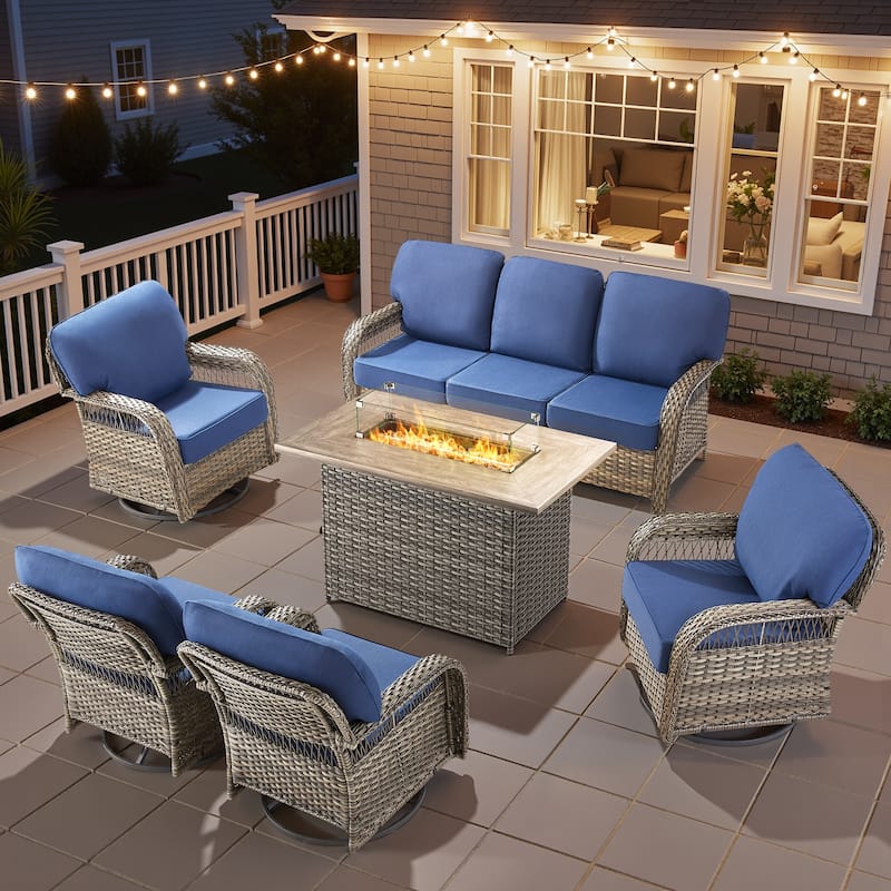 Pocassy Patio Sofa Ottoman Swivel Chair Table with Fire Table Set. - Gray Wicker Blue Cushion - 6-Piece Sofa Swivel Chair w/ Fie Pit Table