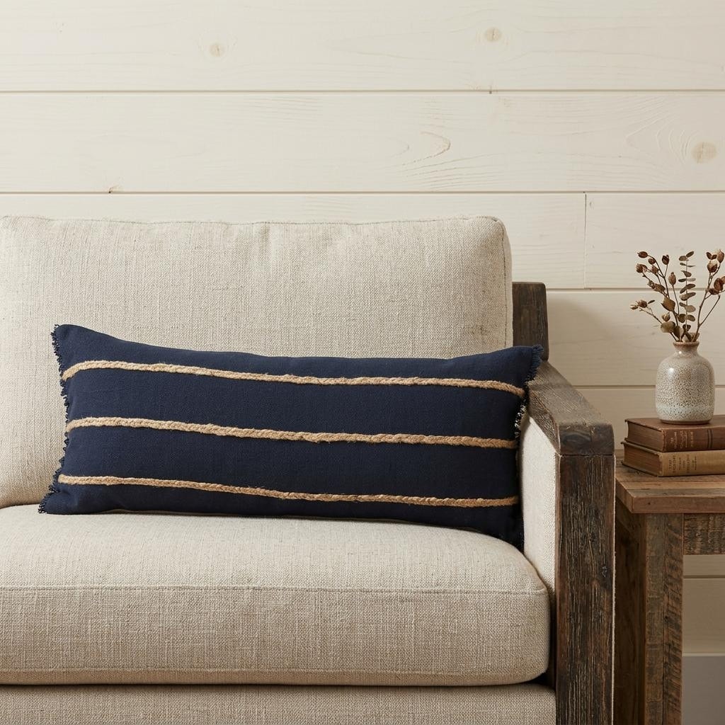 HomeRoots 14" X 36" Navy Blue And Tan Cotton Striped Throw Pillow with Fringe