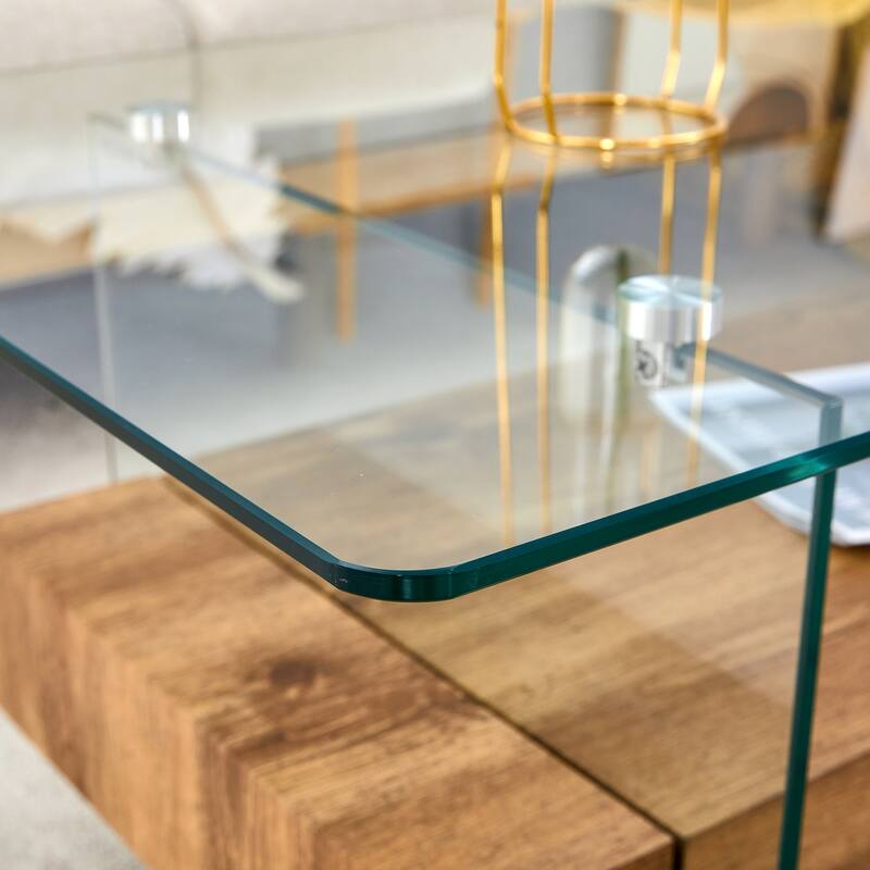43.3 Inch Double Layer Coffee Table Storage Side Table with Open Storage Shelves, Drawers Glass Center Table End Table