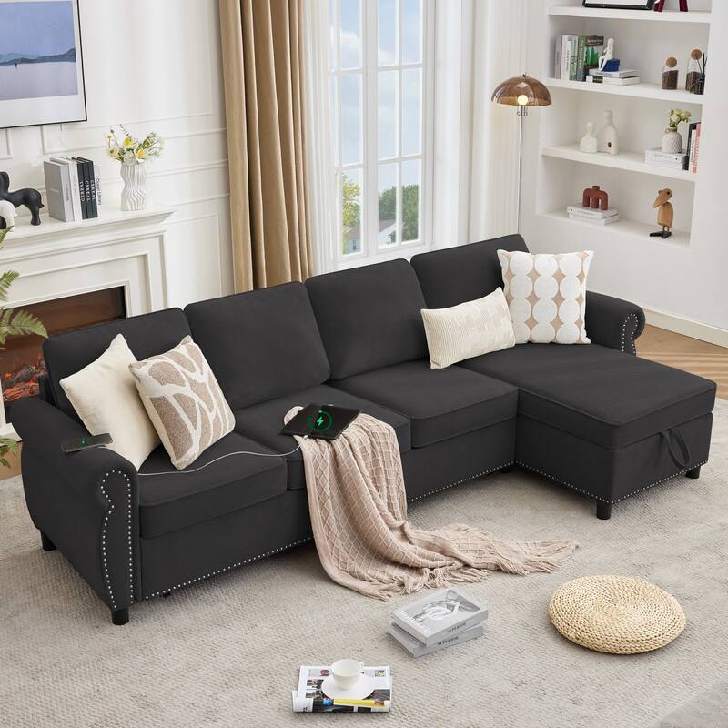 106.5" L-Shaped Flannelette Sectional Sofa with Pull-Out Bed