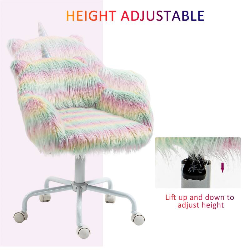 Fluffy Unicorn Office Chair w/ Armrest, 5 Star Swivel Wheel White Base