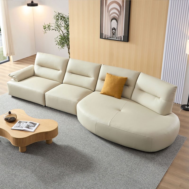 Leather Sectional Curved Shaped Sofa Couch for Living Room,Upholstered 4-Seat Sofa Set - Beige - Right Facing