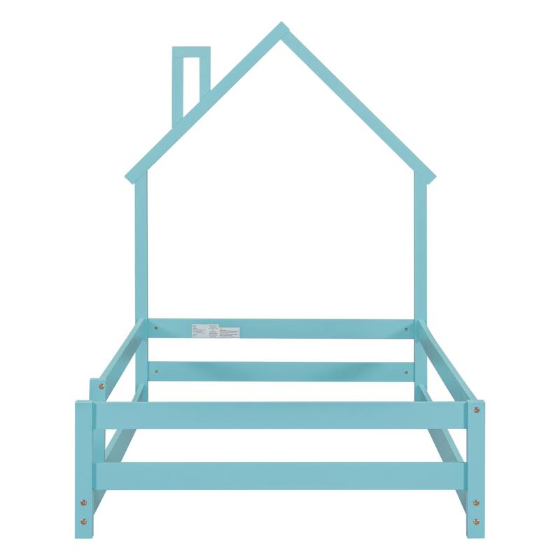 Twin Size Wood bed with House Shaped Headboard Floor Bed with Fences
