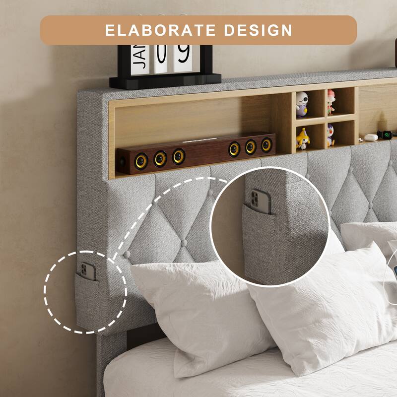 Queen Size Platform Bed Frame with Adjustable Storage Headboard, Built-In Charging Station, Sturdy No-Box Spring Design
