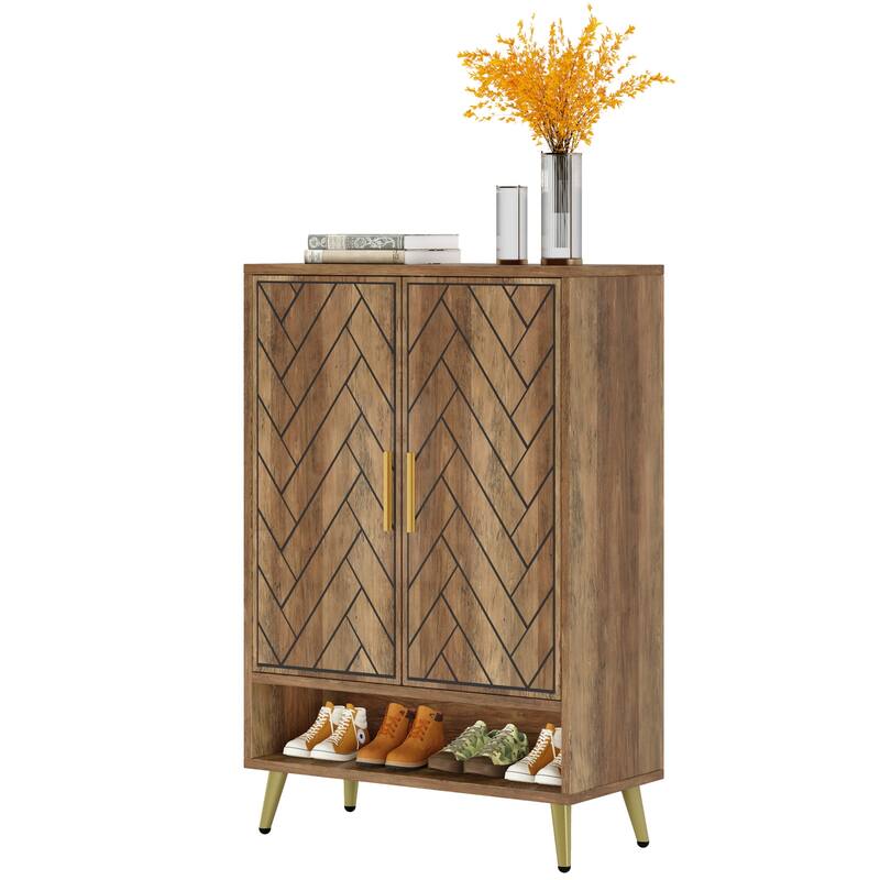 Wood and Metal 2-door Shoe Storage Cabinet with Adjustable Shelves for Entryway