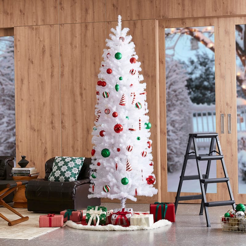 Glitzhome 7.5ft/9ft Shimmering Tinsel Pink Slim Pencil Fir Artificial Christmas Trees