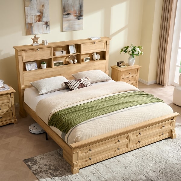 slide 2 of 68, Farmhouse Bed Frame with 54" Tall Storage Bookcase Headboard Oak - King