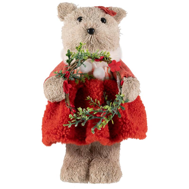 Woodland Girl Bear Holding Wreath Christmas Figure - 10"