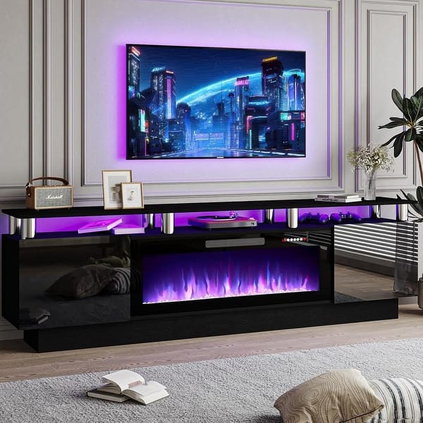 BOSSIN 70" Modern Electric Fireplace TV Stand, with Electronic Flame and LED Lights, High Gloss Finish Entertainment Center - Black - 70 inchs