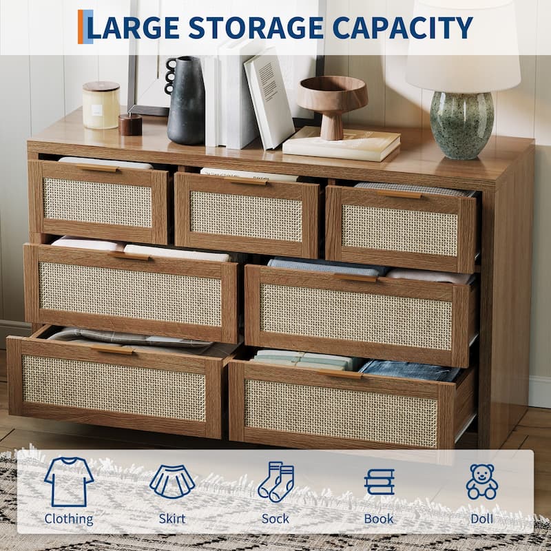 7 Drawers Dresser, 52" Wide Rattan Dresser Modern Chest of Drawers with Metal Handle, Wood Closet Storage Organizer