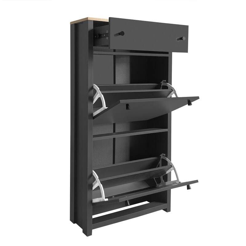 Functional Entryway Organizer with 2 Flip Drawers, Wood Grain Pattern Top Shoe Cabinet with Drawer