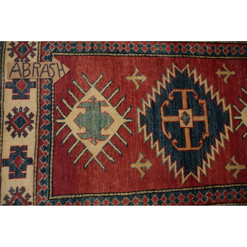 Hand Knotted Oriental 100% Wool Carpet Traditional Geometric Red Kazak Area Rug - 4' 11'' X 3' 8''