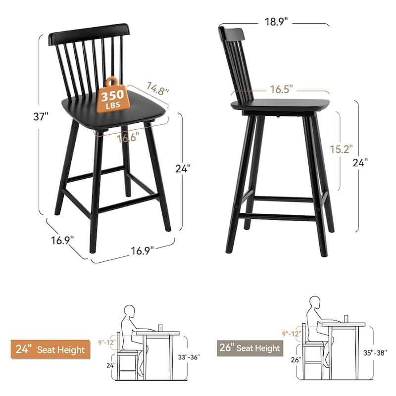 24 in. Windsor Wooden Bar Stools with Low Back Farmhouse Solid Wood Counter Stools - 16.9 in. W x 16.9 in. D x 37 in. H