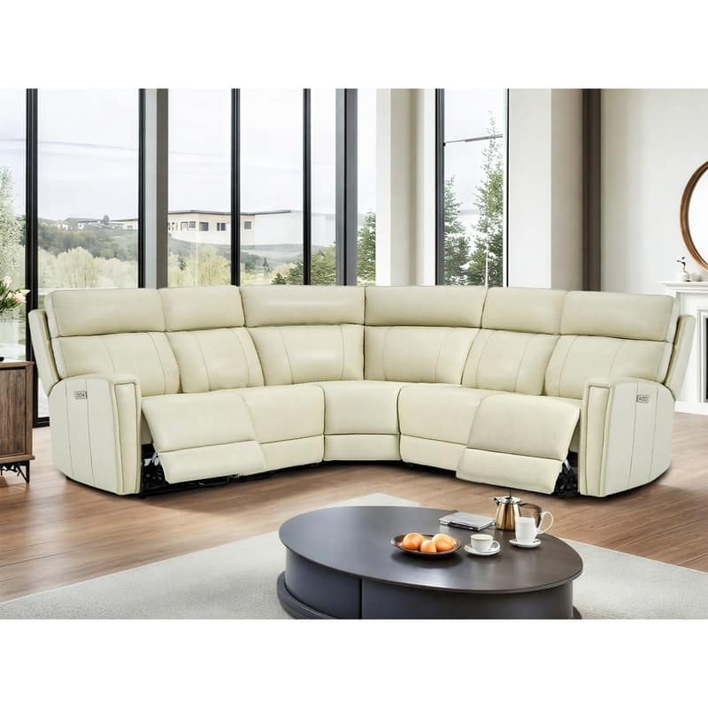 104" W 3-Color Genuine Leather Power Reclining sectional sofa With Zero Gravity, USB&USB-C Ports, 2 Stationary Armlesschairs - Cream