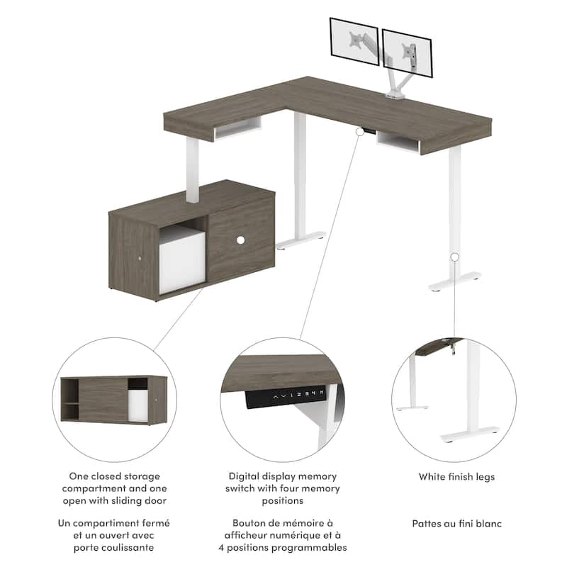 Bestar Pro-Vega 81W L-Shaped Standing Desk with Monitor Arm and Credenza