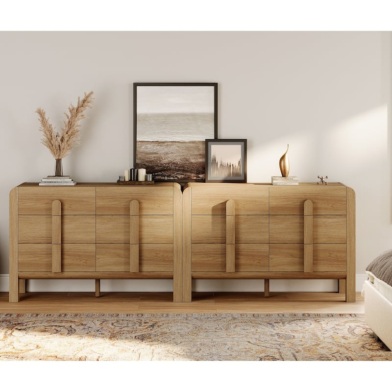 WAMPAT Mid Century 6 Drawer Dresser Set Of 2, 47.2" Modern Chest Of Drawers With Storage, Curved Profile Wood Double Dresser - Walnut