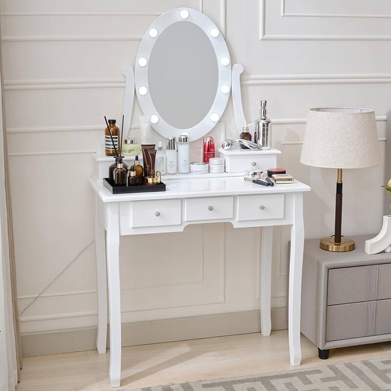 Modern Makeup Vanity Desk with Mirror, Light and Stool