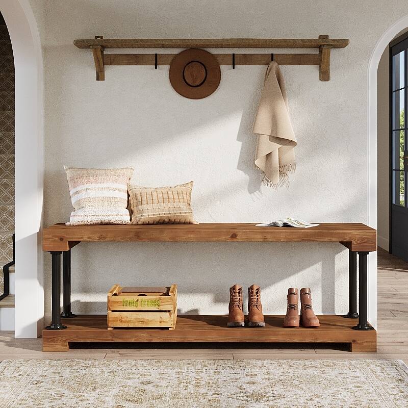 63 Inch Entryway Bench with Storage Shelves, Solid Wood Shoe Rack Bench for Indoor / Bedroom - 63.0" W x 13.8" D x 21.7" H
