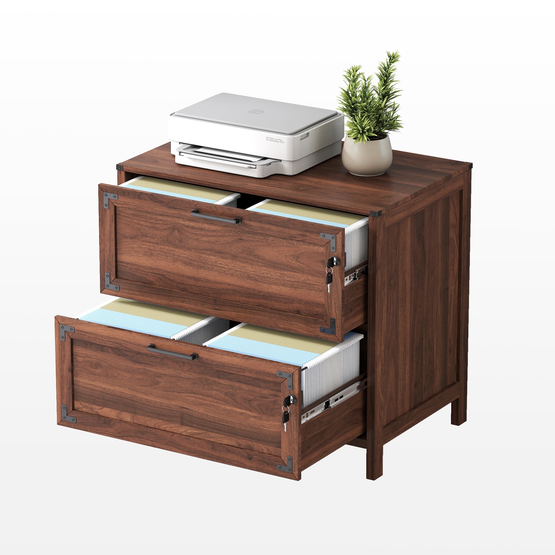 Anmytek Double Drawer File Cabinet Locking Storage Walnut Finish Office Home Cabinet