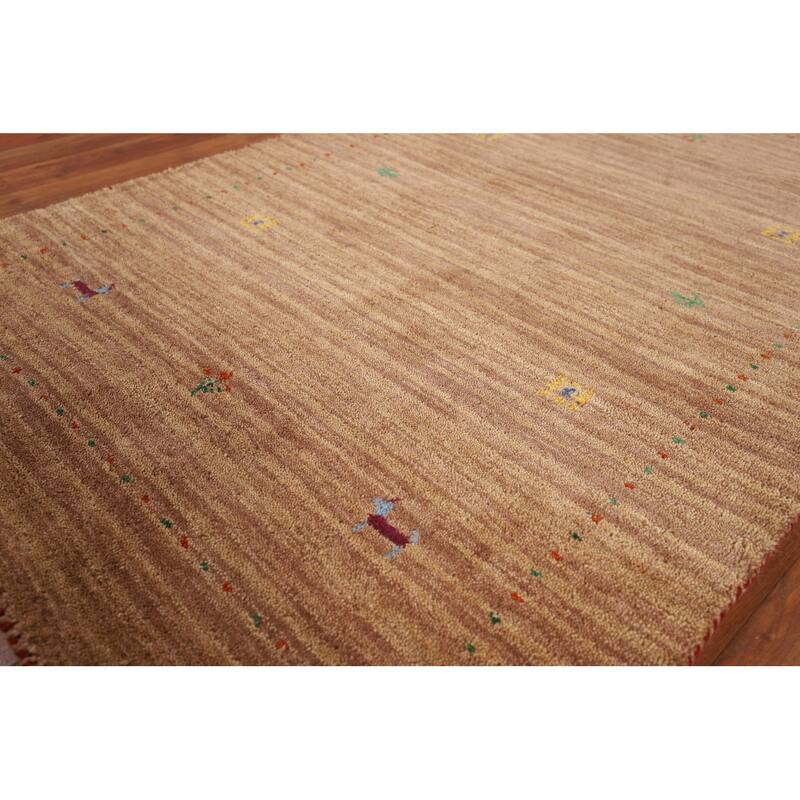 Brown Striped Gabbeh Indian Accent Rug Hand-Knotted Wool Carpet - 3'2" x 4'10"