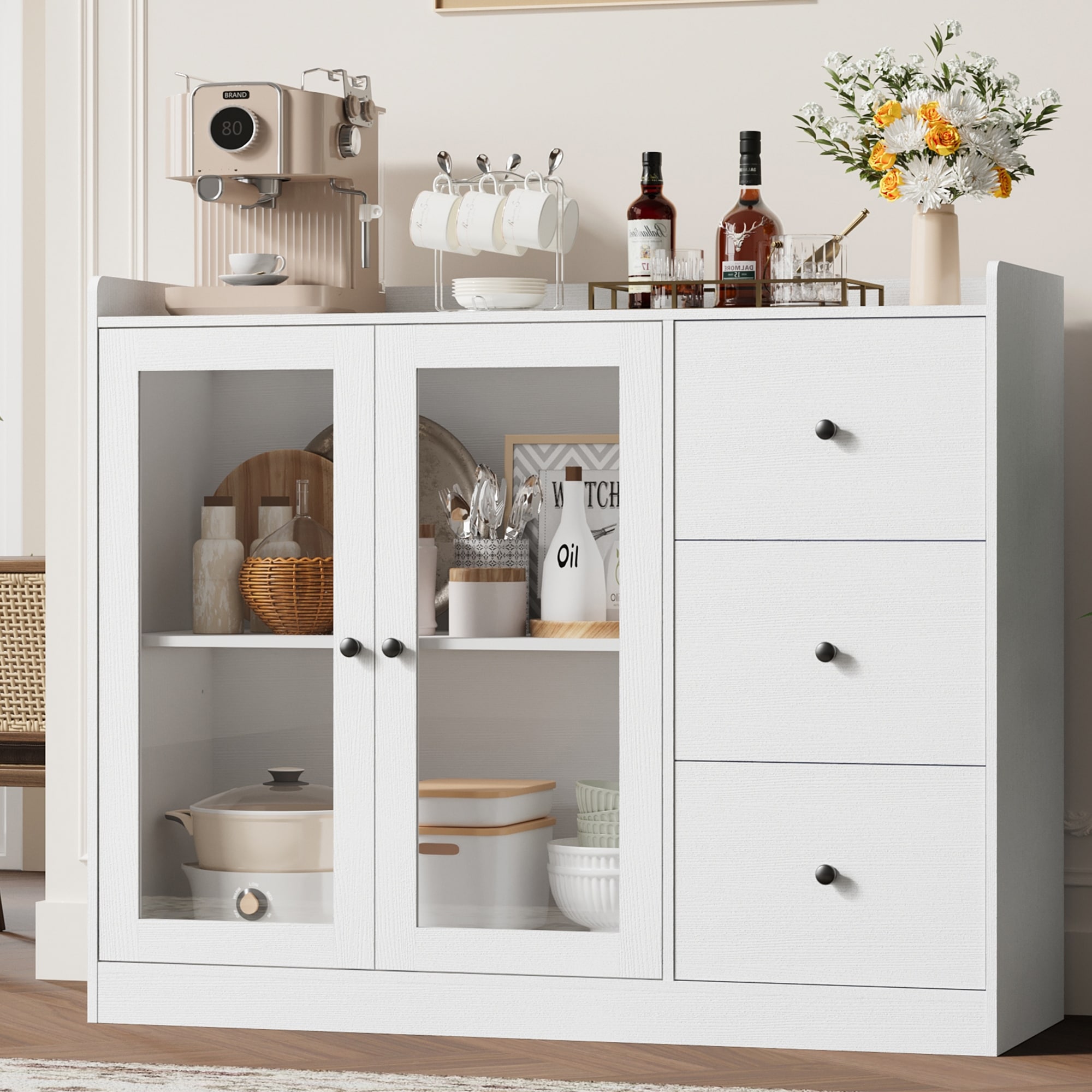 Kitchen Sideboard Cabinet, 43" Coffee Bar Cabinet with 3 Drawers and Doors