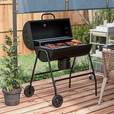 Outsunny Barrel Charcoal BBQ Grill with 420 sq.in. Cooking Area, Outdoor Barbecue with Wheels, Ash Catcher and Built-in