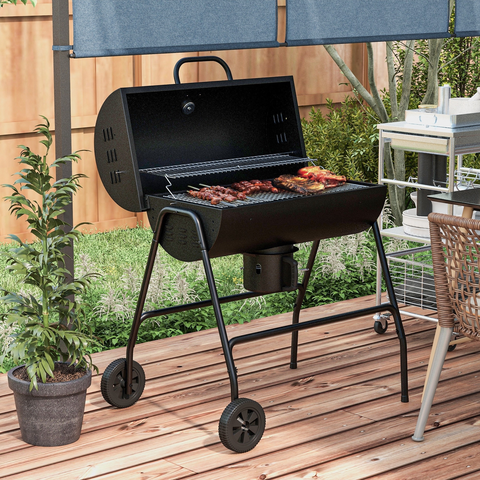 Outsunny Barrel Charcoal BBQ Grill with 420 sq.in. Cooking Area Wheeled Outdoor Barbecue Black