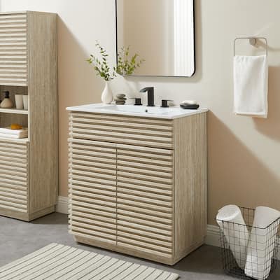 Render 30" Faux Travertine Bathroom Vanity Cabinet (Sink Not Included)