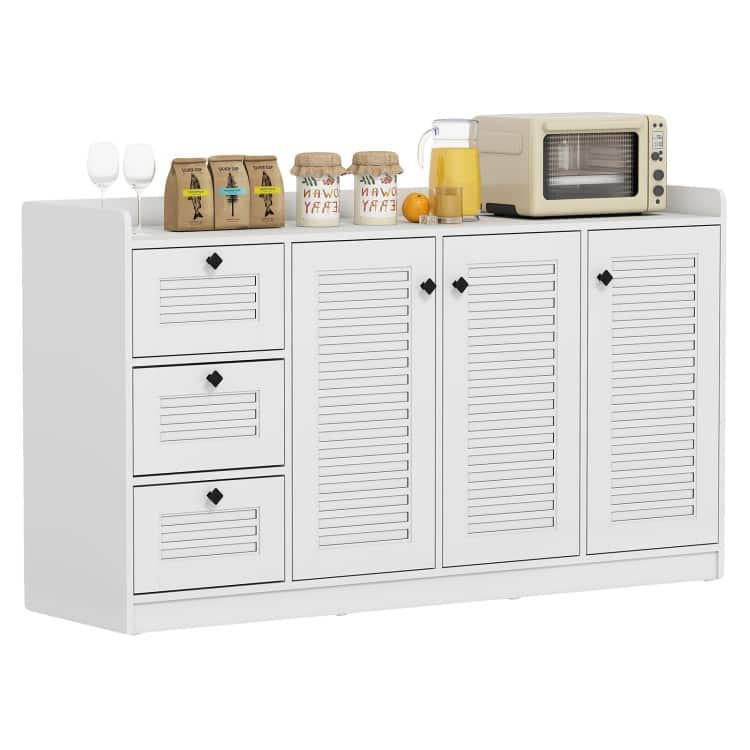 White Engineered Wood MDF Buffet Cabinet with Drawers, Shutter Doors and Storage - 63" x 16.5" x 36"