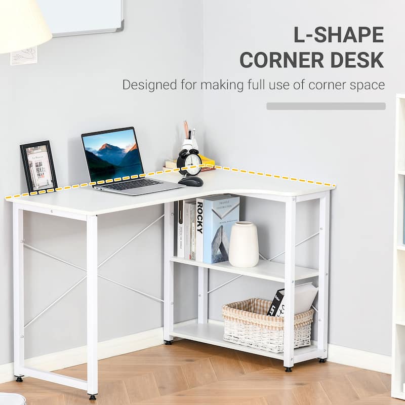 HOMCOM L-Shaped Computer Desk Home Office Corner Desk Study Workstation Table with with Wide Desktop, 2 Side Shelves, Steel