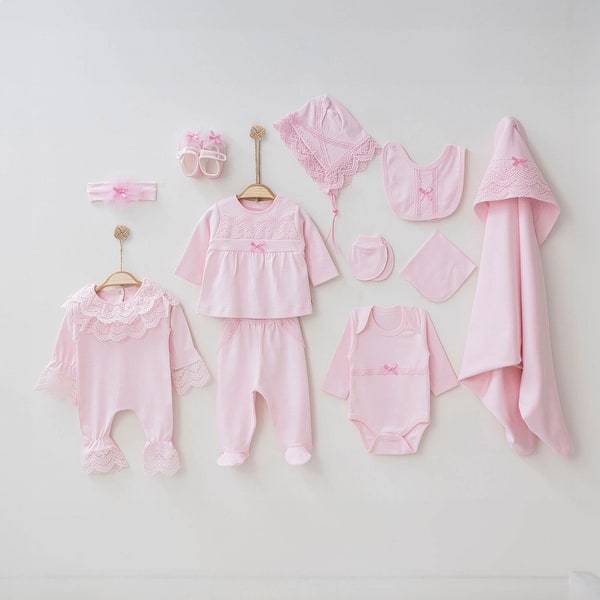 slide 2 of 5, Lace Embroidered - 11 Piece Newborn Girl Homecoming Set Pink