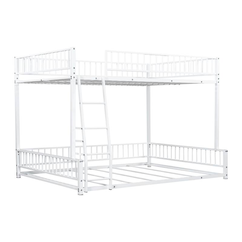 Roomfitters Twin/Full XL over Queen Floor Bunk Bed Frame with Ladder and Safety Guardrails Easy Assembly, Black