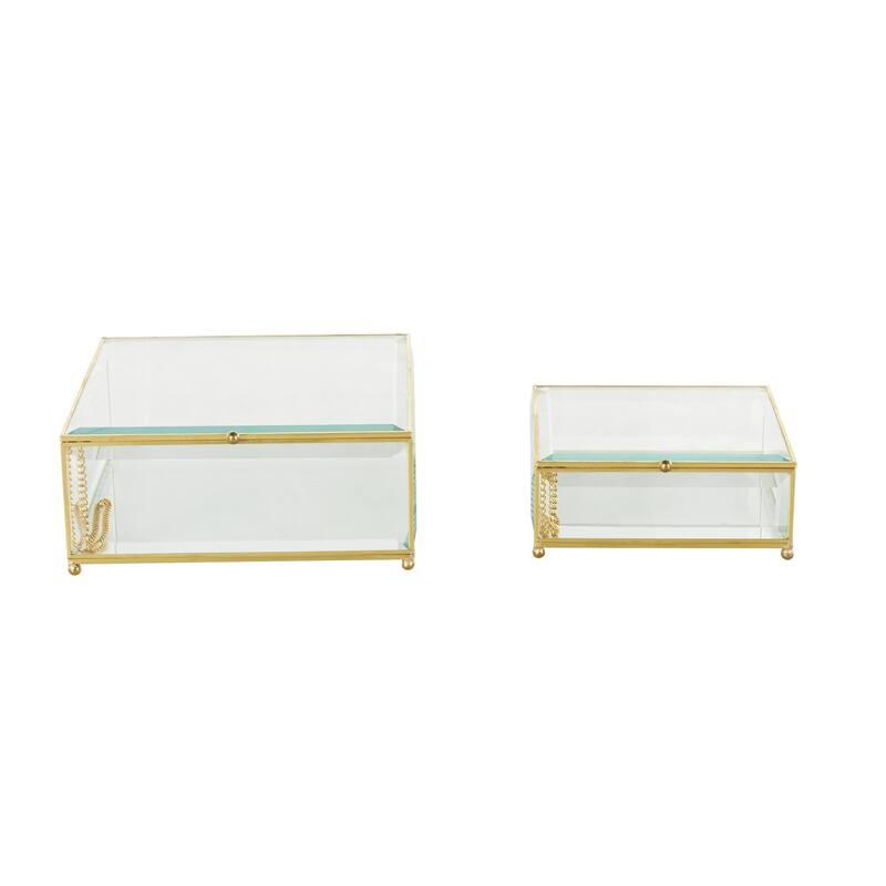 Glass Beveled Decorative Jewelry Box with Gold Metal Frame and Chain Accent - Set of 2 Clear - Roche River Decor