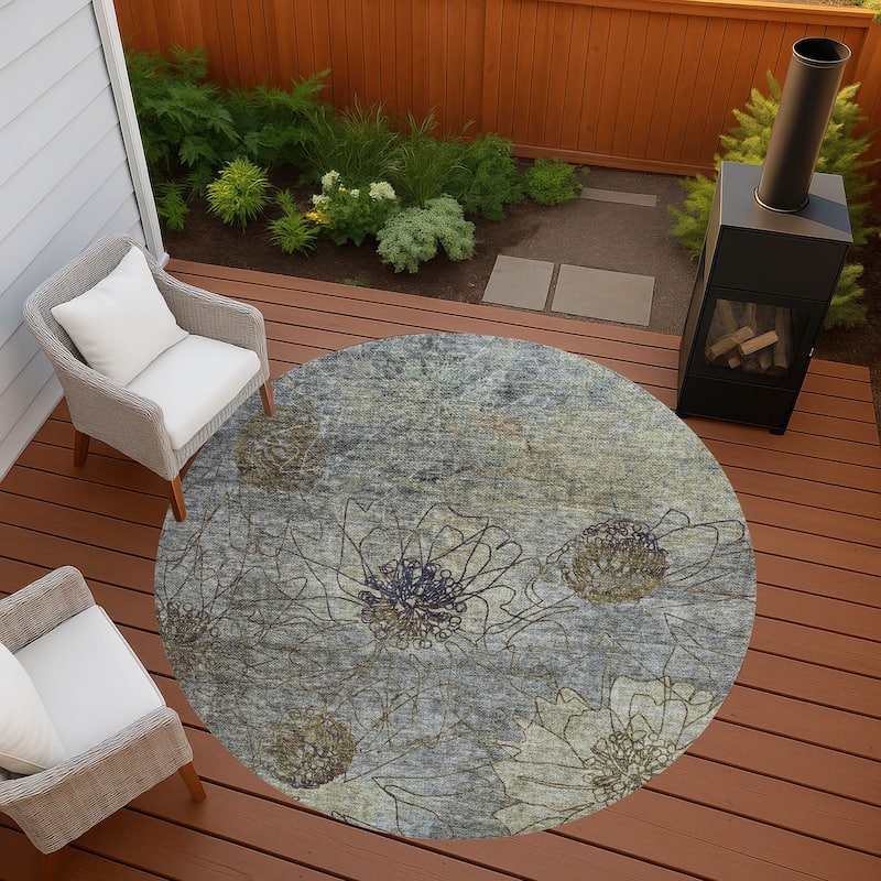 Machine Washable Indoor/ Outdoor Contemporary Floral Chantille Rug - Pewter - 8' x 8'