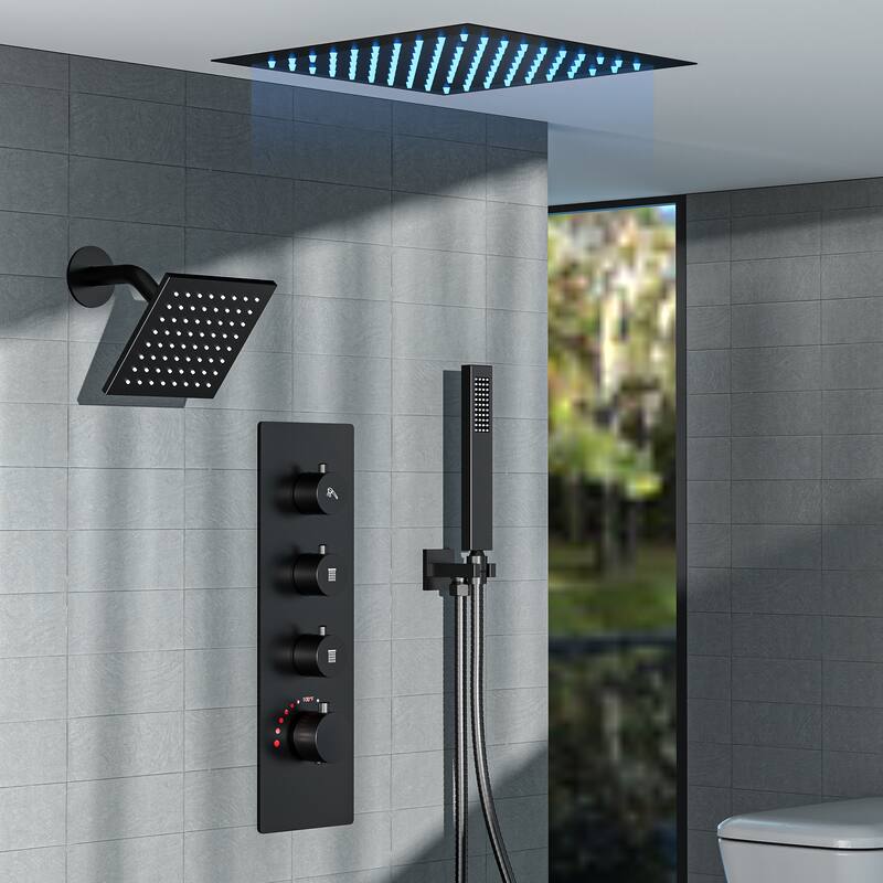 Dual LED Shower Head 12" Rainfall & 6" High Pressure Shower System w/ 4 Way Thermostatic Shower Faucet Set - Matte Black
