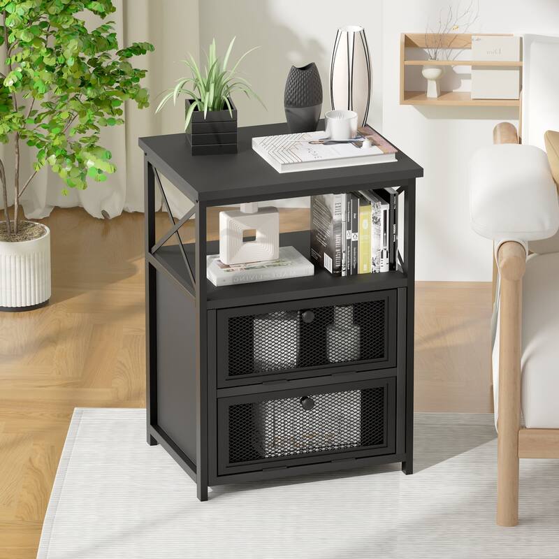 VECELO Modern End Table with 3-tier Storage Shelves, Nightstands with Charging Station(Nightstand Set of 2)