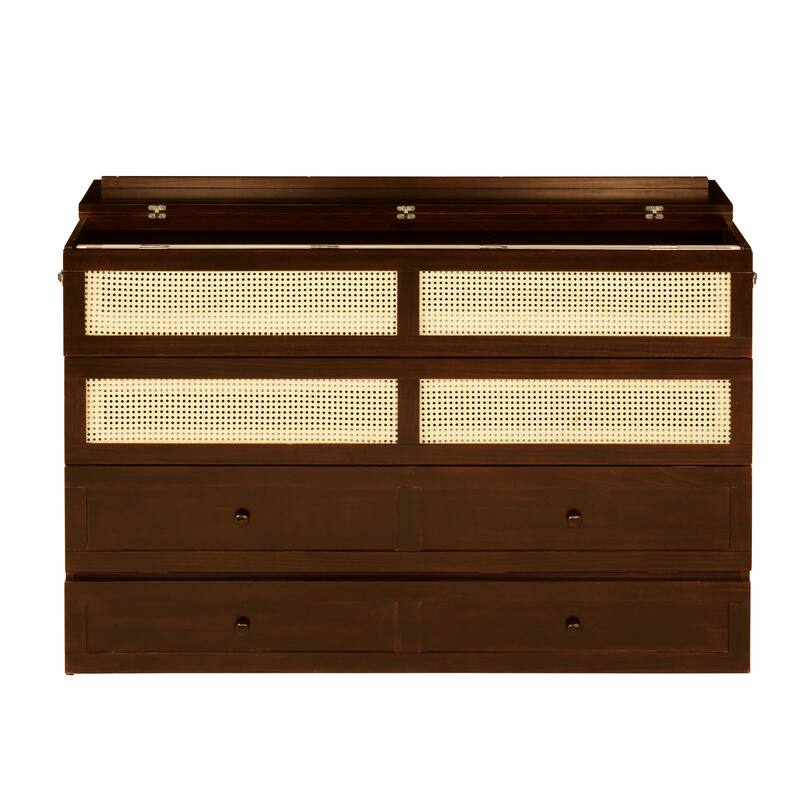 Queen Size Folding Cabinet Bed with Rattan Accent, Solid Pine Frame, Large Storage Drawer, Space-Saving Murphy Design