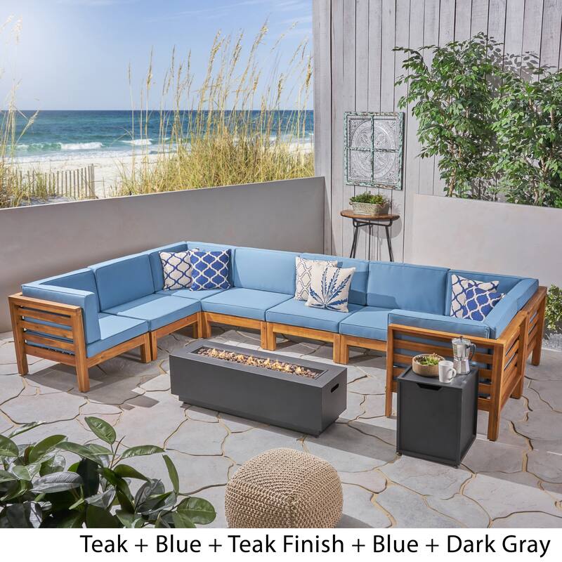 Malawi Outdoor 10-Piece U-Shaped Acacia Wood Sectional Sofa Set with Fire Pit by Christopher Knight Home