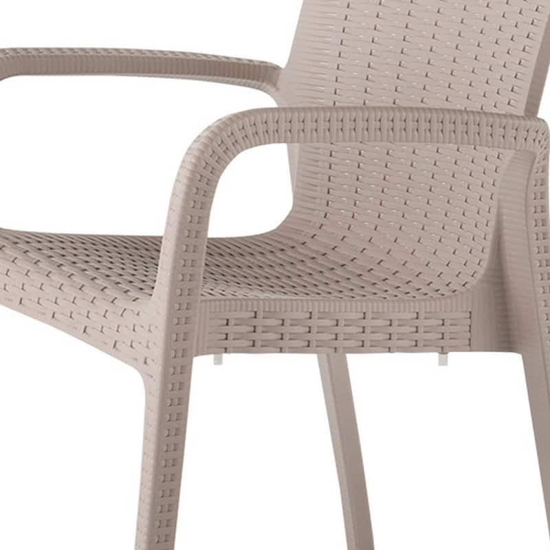 HomeRoots Set of Two Taupe Faux Rattan Heavy Duty Plastic Outdoor Stacking Arm Chairs