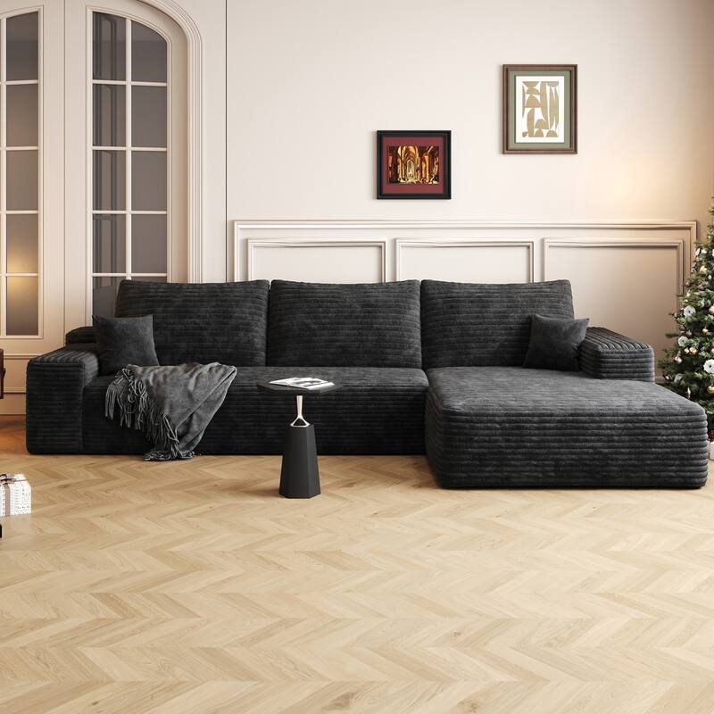 107-Inch Modular Corduroy Sectional Sofa with Chaise and Deep Seating for Living Room Bedroom - Black