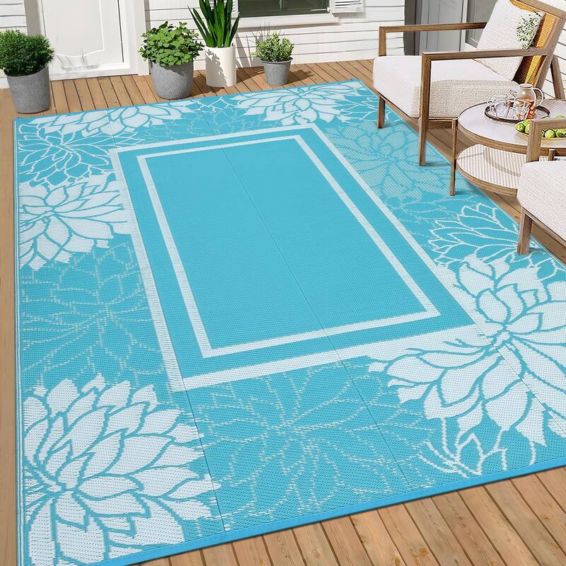 Outdoor Rug Waterproof Plastic Straw Rug, UV Resistant Foldable Lightweight Mat Reversible Patio Rug for Camping - 8'x10' - Light Blue White
