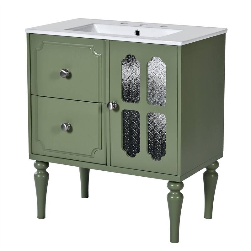Solid Wood Frame Retro Style Bathroom Vanity with 30'' Ceramic Sink Combo, Freestanding Vanity Storage Cabinet with Glass Door