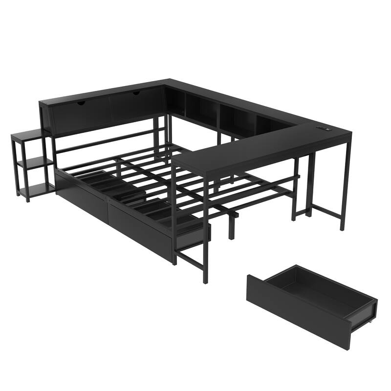 GDFStudio - Modern Corner Bed Frame with Bookcase, 2 Underbed Storage Drawers, LED Lighting & Charging Station
