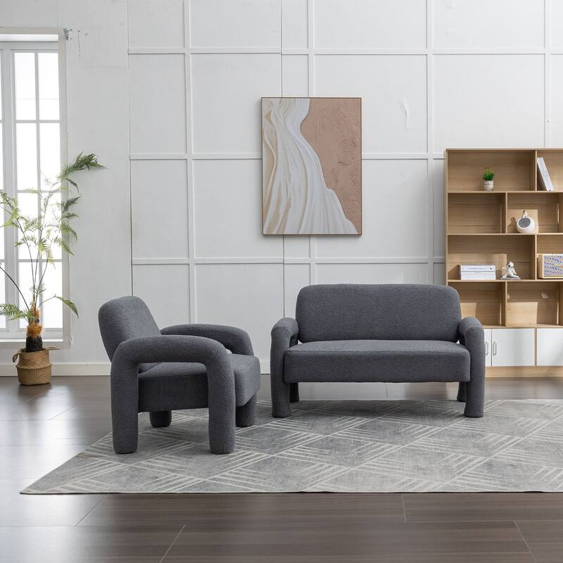 SEYNAR Mid-Century Modern Boucle 51'' Solid Wood Curved Sofa Set of 2 with Accent chair